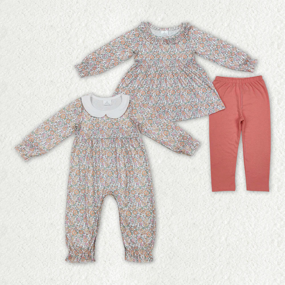 2.6 RTS Sibling Baby Girls Pink Flowers Rompers Outfits Clothes Sets