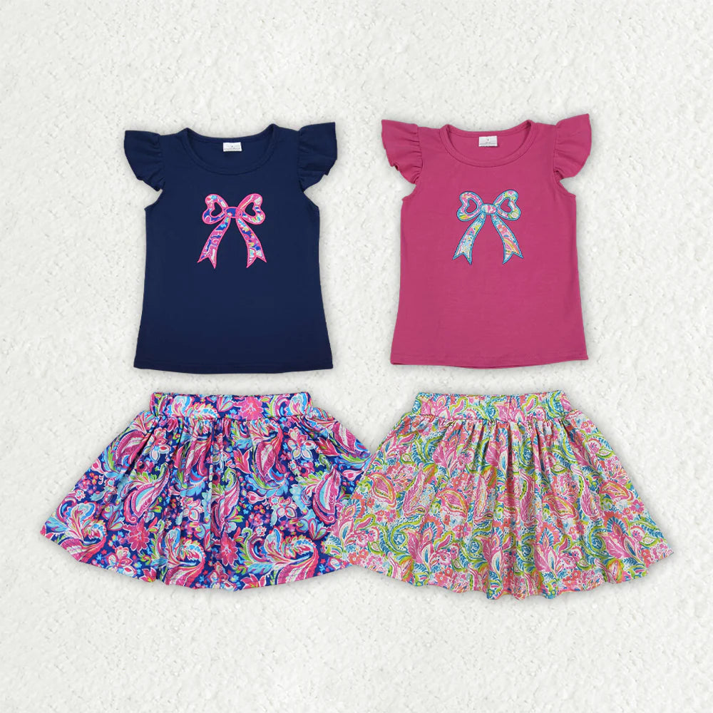 12.5 RTS Sibling Embroidery Baby Girls Navy Bow Shirts Shorts Skirt Clothes Sets
