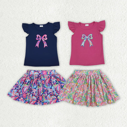 12.5 RTS Sibling Embroidery Baby Girls Navy Bow Shirts Shorts Skirt Clothes Sets