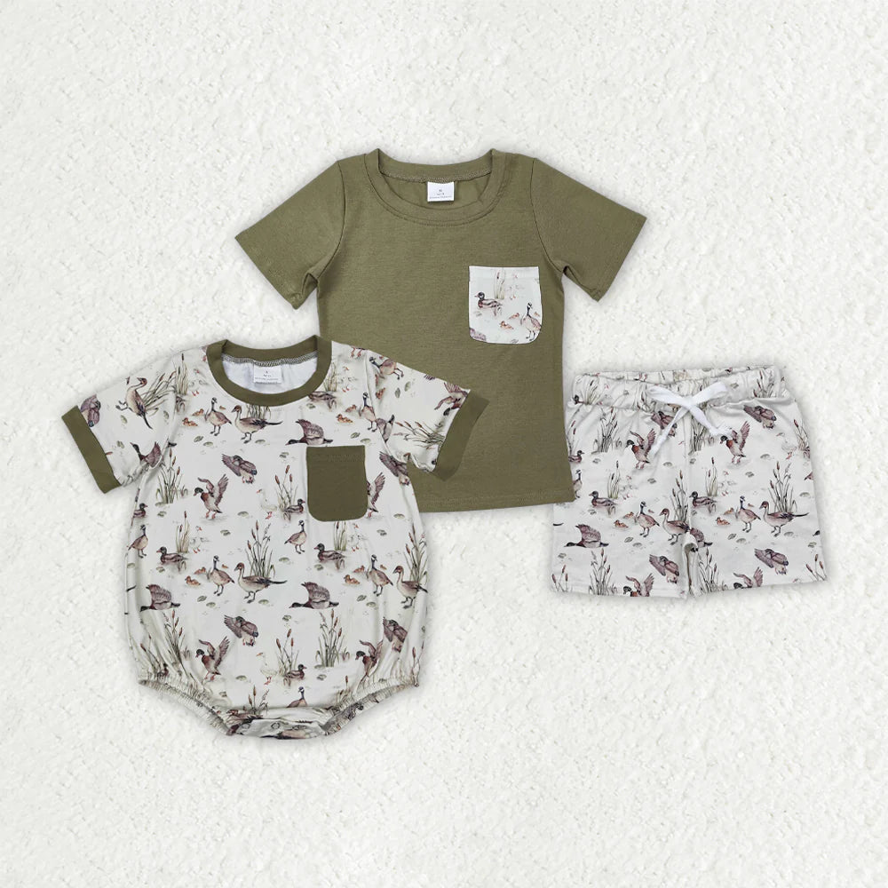 12.5 RTS Sibling Baby Boys Green Hunting Ducks Mallard Rompers Outfits