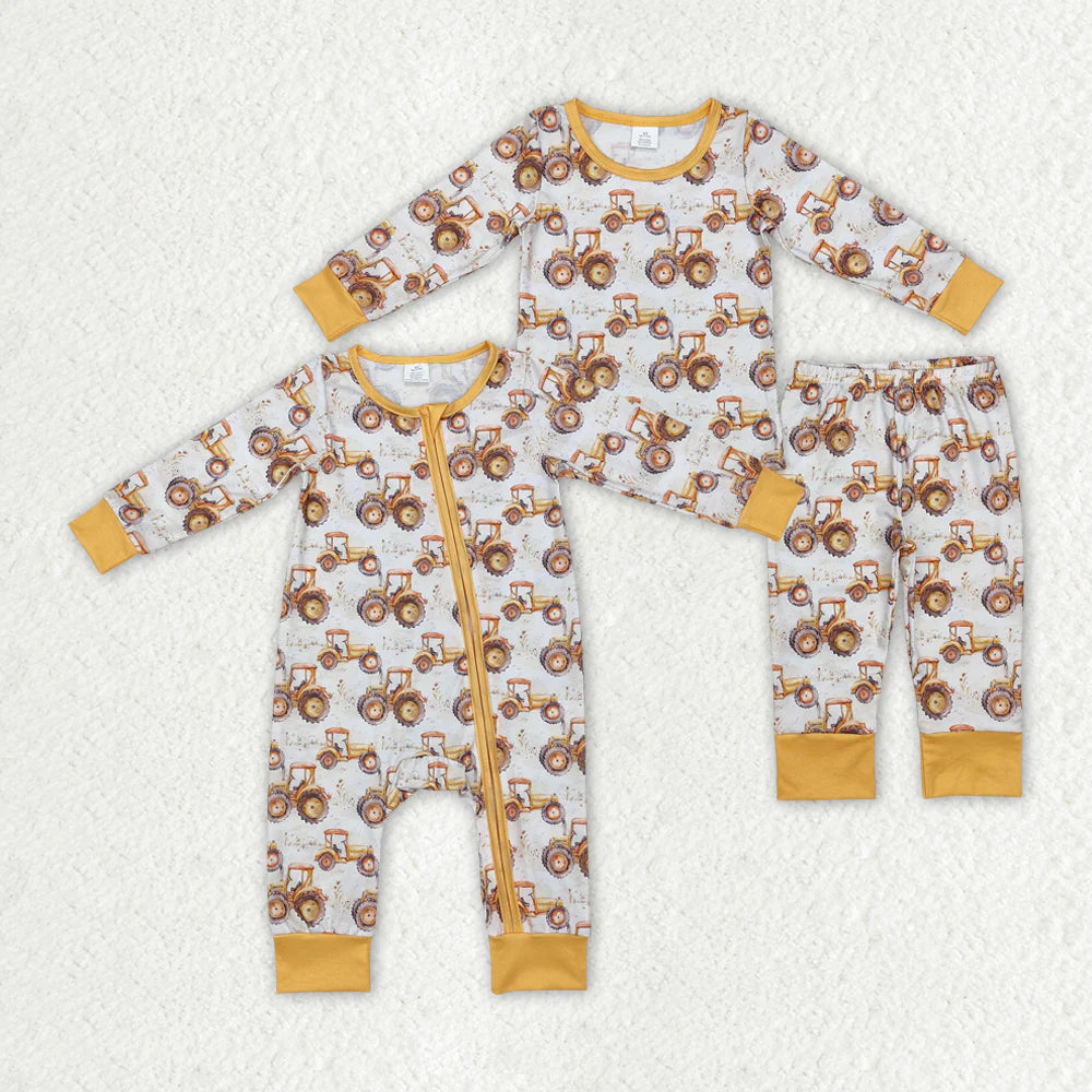 1.20 RTS Sibling Brother Baby Boys Farm Trucks Bamboo Rompers Pajamas