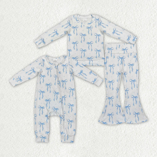 1.13 RTS Sibling Baby Girls Blue Bows Cable Print Rompers Pajamas Suits