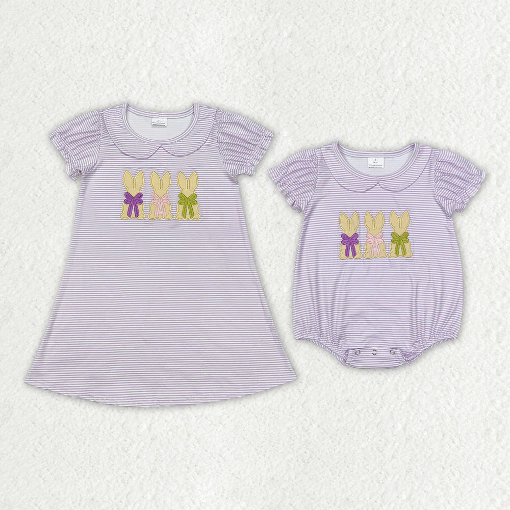 2.11 RTS Sibling Baby Girls Lavender Stripes Bunny Rompers Dresses