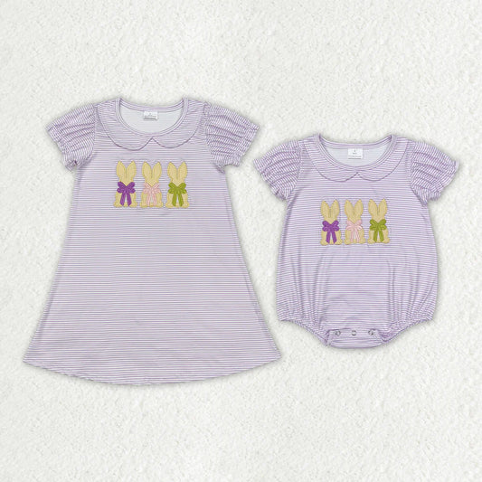2.11 RTS Sibling Baby Girls Lavender Stripes Bunny Rompers Dresses