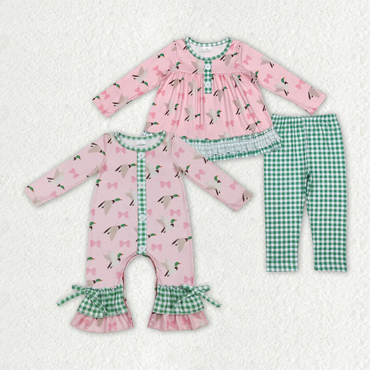 1.19 RTS Sibling Sister Baby Girls Mallard Ducks Bows Checkered Clothes Sets