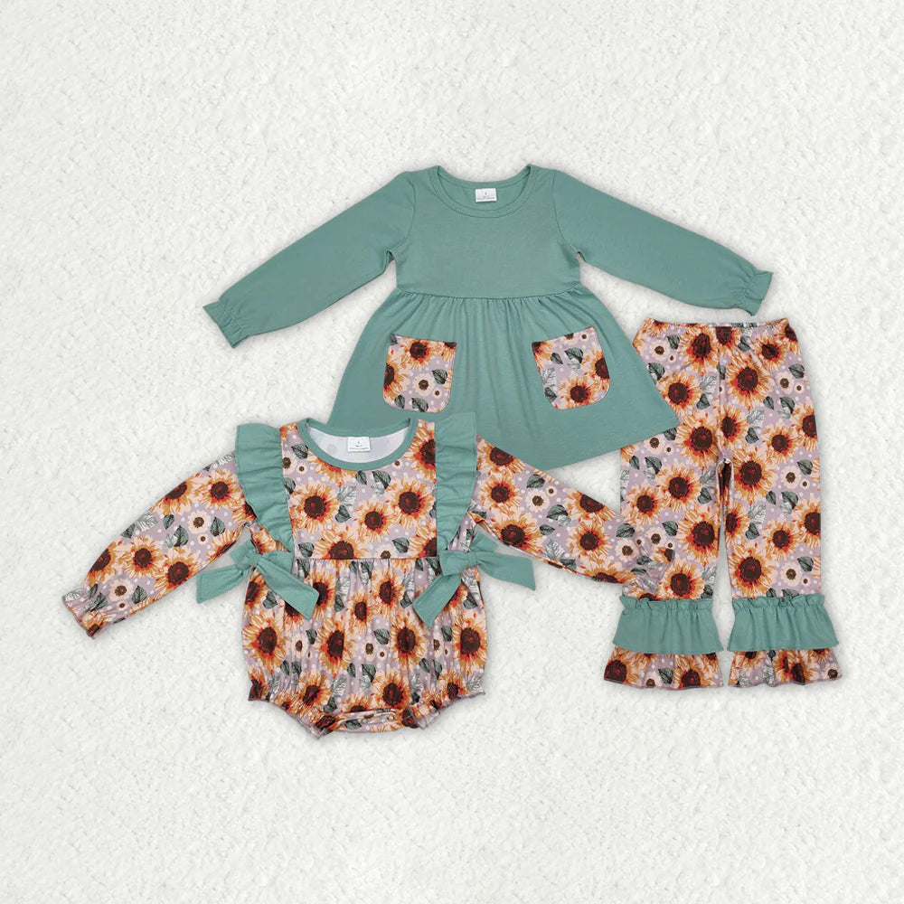1.19 RTS Sibling Sister Baby Girls Green Pockets Sunflowers Rompers Clothes Sets
