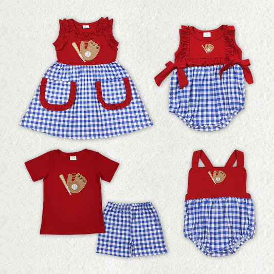 12.26 RTS Sibling Girls Baby Boys Red Baseball Rompers Sibling Clothes Suits