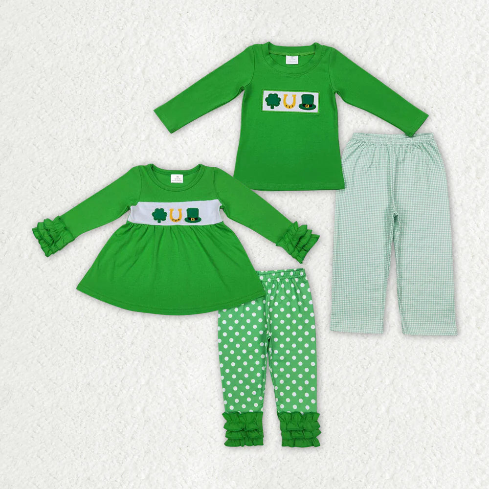 12.30 RTS Sibling Boys Baby Girls St Patrick Day Quatrefoil Outfits Clothes Sets