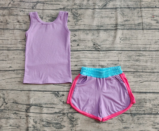 4.12 GSSO2506 Sample 10days Arrived RTS  Sleeveless lavender top shorts kids girls active wear set