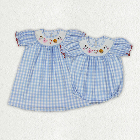 10.3 RTS Sibling Baby Girls Blue Plaid Cows Pigs Farm Smocked Rompers Dresses