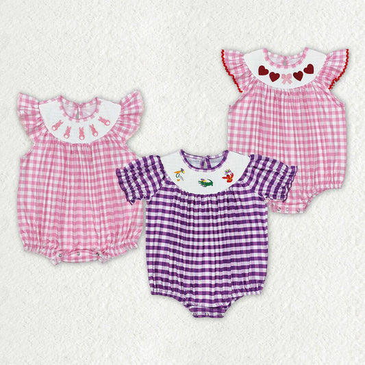 1.15 RTS Sibling Baby Infant Girls Checkered Smocked Holiday Rompers
