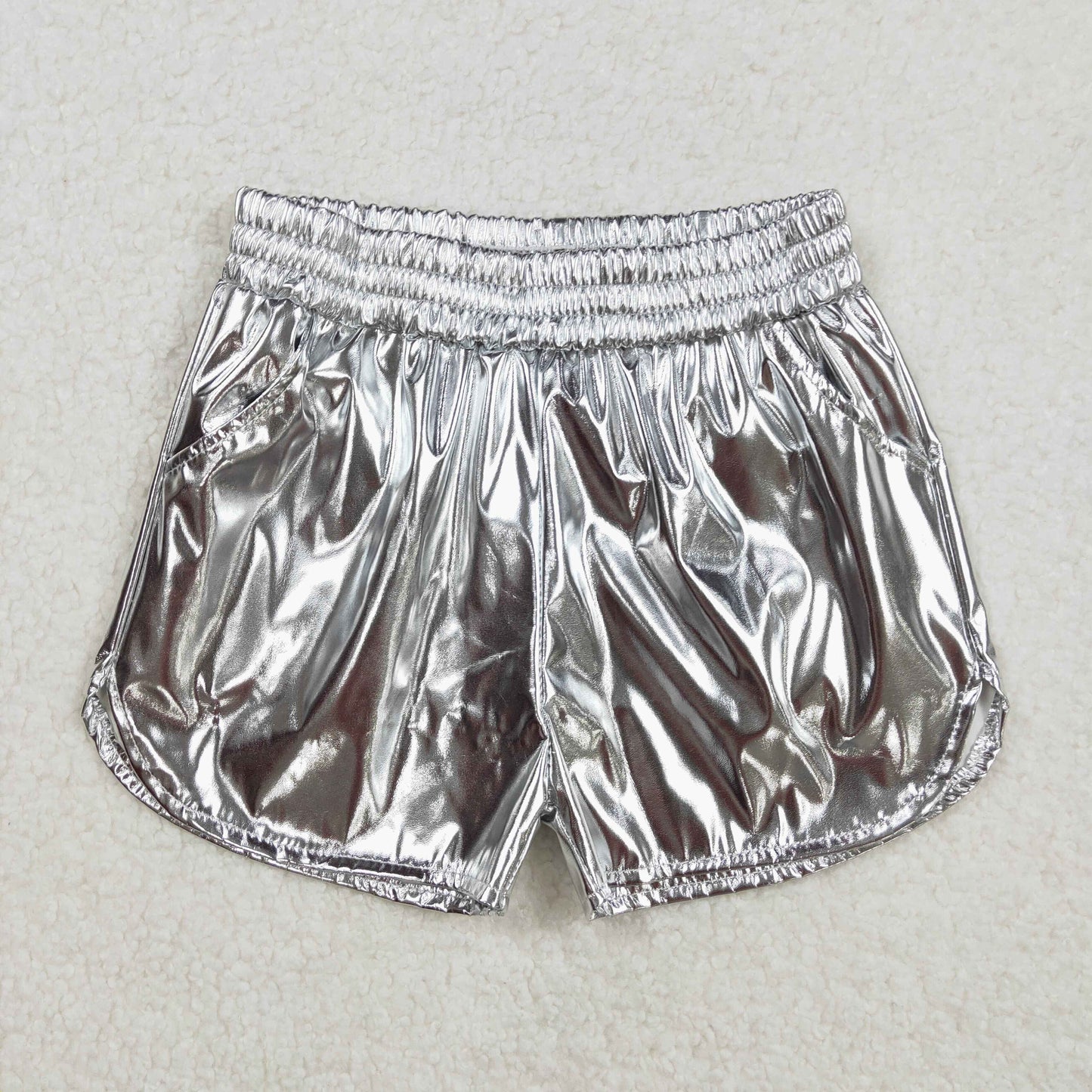 SS0416Kids Girls Silver Elastic Waist Summer Shorts - Comfortable Fit Fun Fashion for Young Ladies