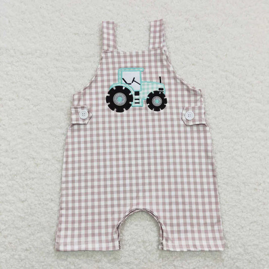 USA Warehouse (IN STOCK) SR0631 Baby Boys Summer Romper Baby Infant Boys Straps Tractor Khaki Chekered Summer Farm Rompers