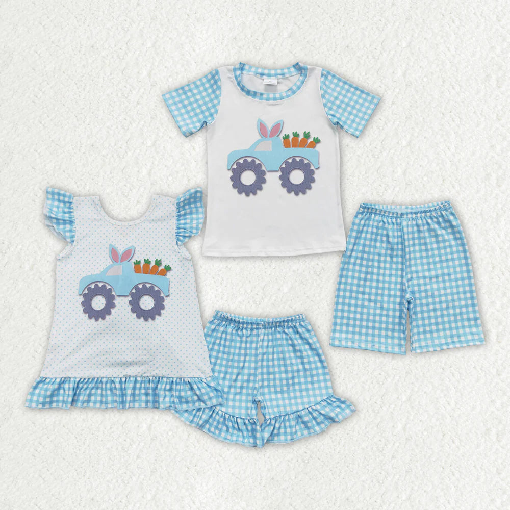 2.10 RTS Sibling Boys Baby Girls Summer Easter Bunny Tractor Clothes Suits