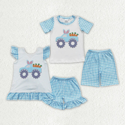 12.26 RTS Sibling Boys Baby Girls Easter Bunny Tractor Clothes Suits