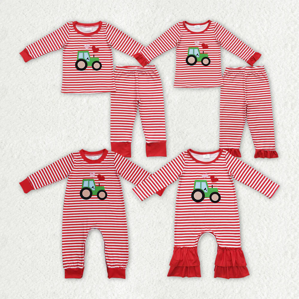 1.17 RTS Sibling Baby Boys Girls Valentines Tractor Hearts Rompers Pajamas Clothes Sets