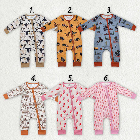 2.6 RTS Sibling Baby Infant Boys Girls Western Bamboo Zip Rompers