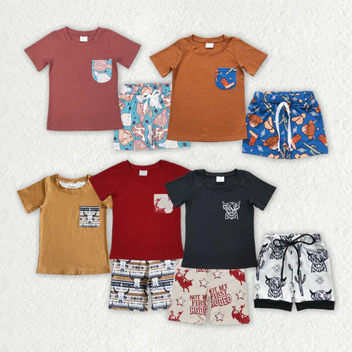 11.15 RTS Sibling Baby Boys Western Cow Pocket Top Shorts Clothes Sets