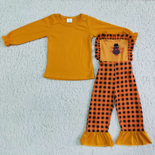 6 A10-18 thanksgiving turkey girl overalls outfits