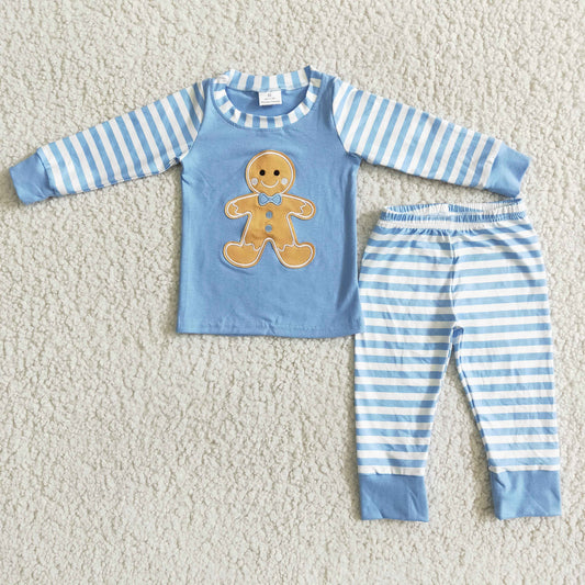6 B8-23 Embroidered Gingerbread Boy Blue Striped Pajamas