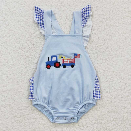 SR0274 Girls Embroidered National Day Car Dog Blue Small Flying Sleeve Jumpsuit