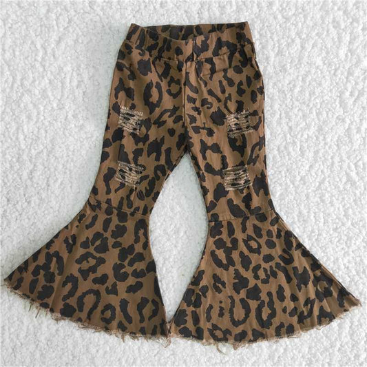B6-10 Ripped black leopard denim flared pants