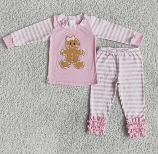 6 A7-26 Embroidered Gingerbread Girl Pink Striped Pajamas