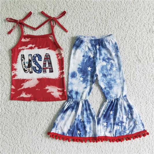 GSPO0068 Girls National Day USA red suspenders trousers suit