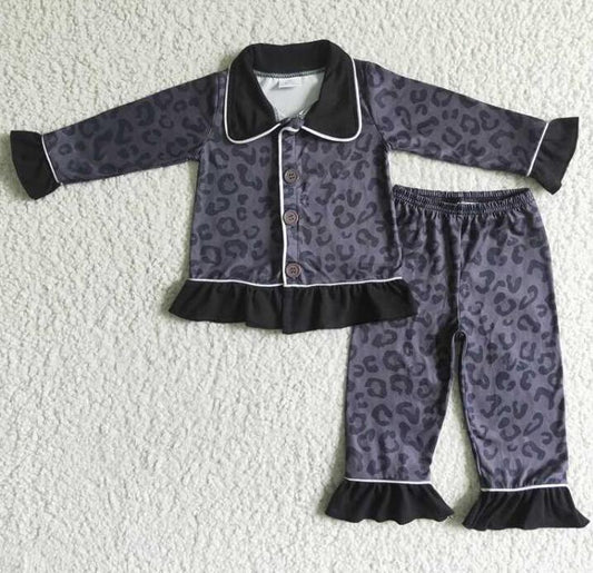 6 A24-20 Girls Black Leopard Print Ruffle Pajamas