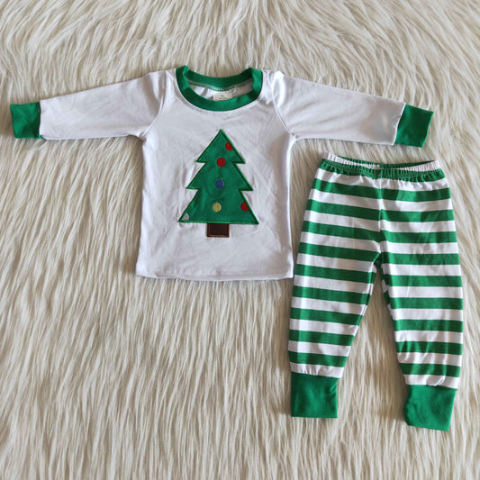 6 A28-15 Boys Embroidered Christmas Tree Green Striped Pajamas