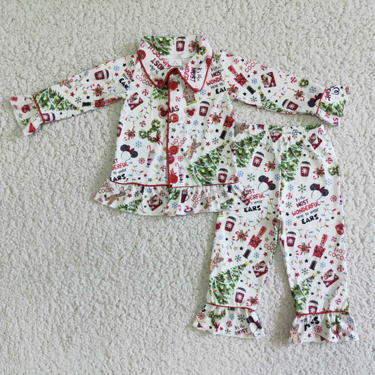 6 A3-29 Girls Christmas ruffle cartoon pajamas