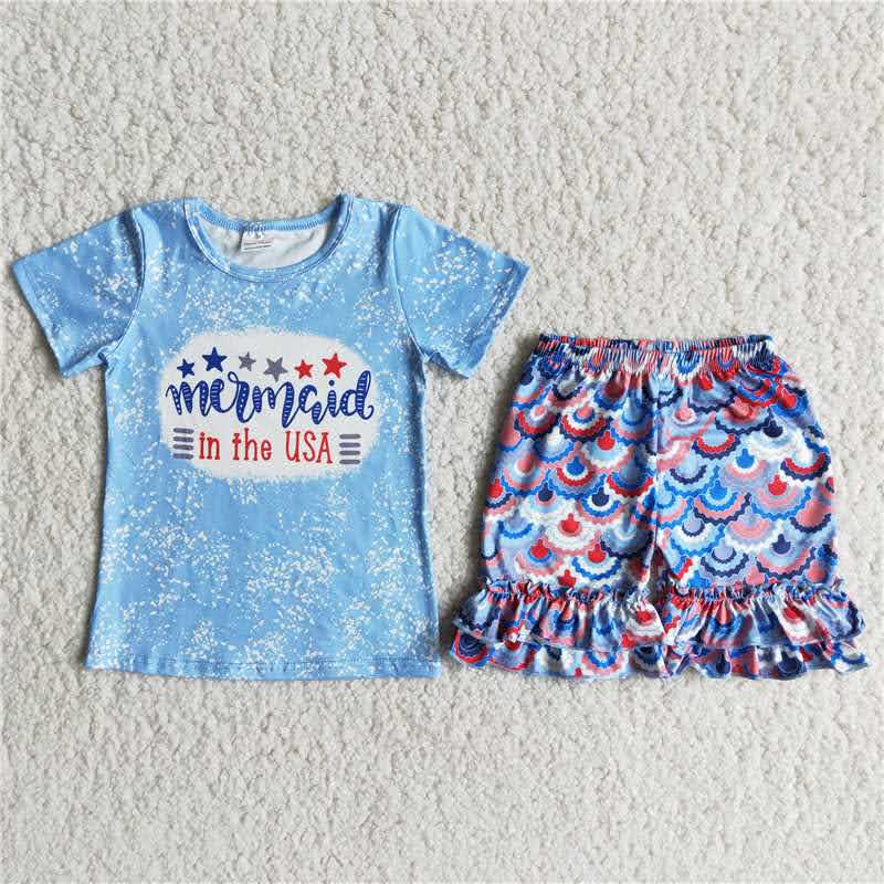 Mermaid in American fish scale shorts girl's sets