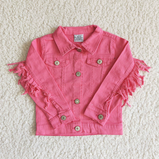 6 A32-30 Pink  Denim Top Fringed Long Sleeve Jacket