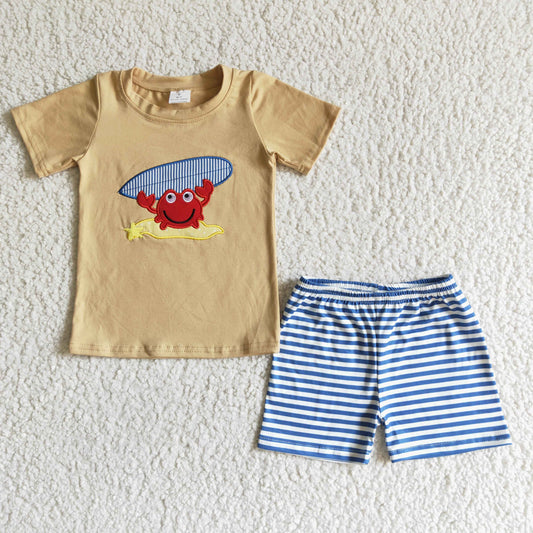 BSSO0003 Summer Boys Crab Embroidery Outfit