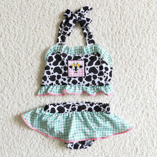S0005 Summer Girls Cute Cow Embroidery Swimsuit Set