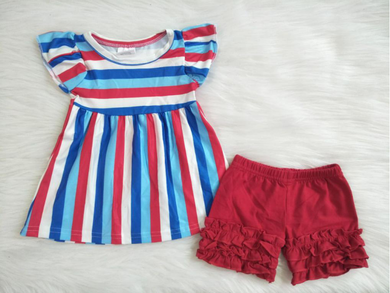 Colorful Striped Girls Short Sleeve Shorts Set