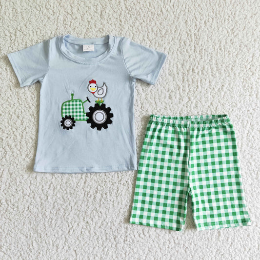 BSSO0031 Boys Embroidered Truck Farm Summer Sets