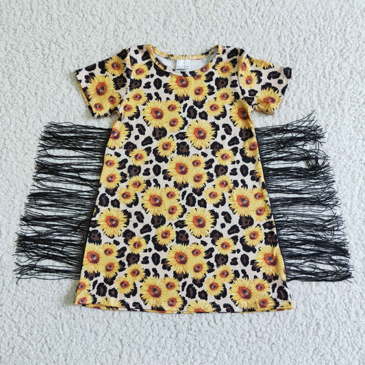 GSD0055 Girls Sunflower Fringe T-Shirt Dress