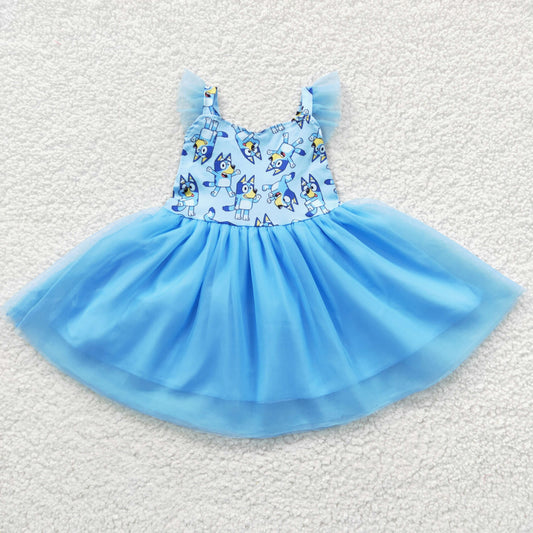GSD0334 Girls bluey blue mesh fly sleeve dress