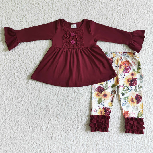 GLP0015 Girls dark red top flower trousers outfits