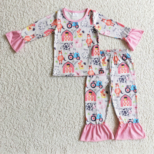 GLP0342 Girls farm print ruffle pajamas