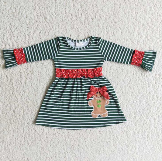 6 B13-20 Embroidered Gingerbread Girl Green Striped Dress