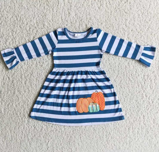 6 A19-13 Blue Striped Embroidered Pumpkin Girls Dress