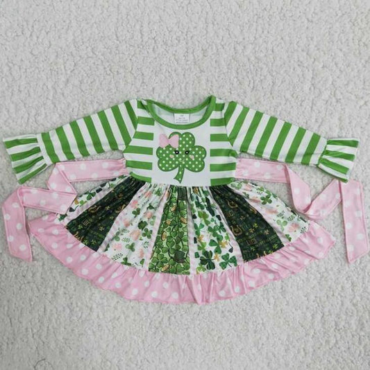 6 A23-11 green striped girl's long-sleeved dress