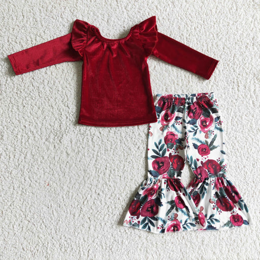 GLP0361 Girls red velvet top floral pants outfits