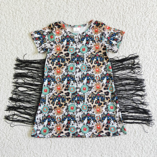 GSD0058 Leopard Fringe Girls T-Shirt Dress