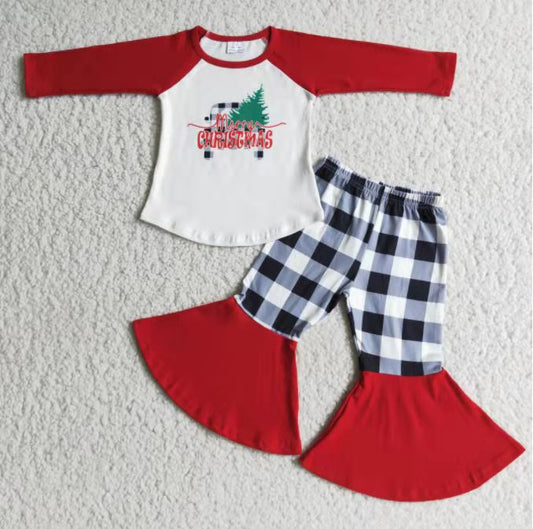 truck christmas tree plaid girl's outfit