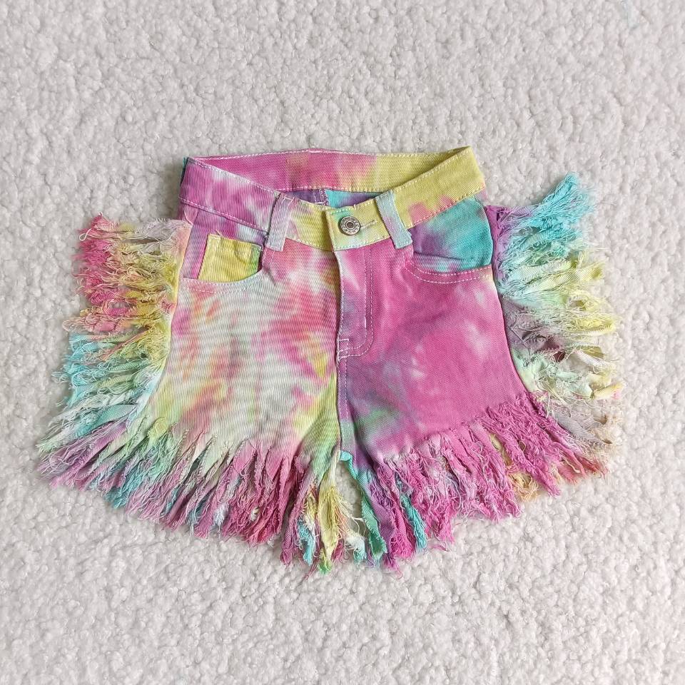 Kids Tie Dye Fringe Denim Shorts