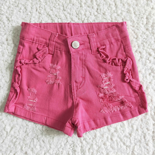SS0013 Summer Girls Hot Pink Denim Shorts With Ruffle