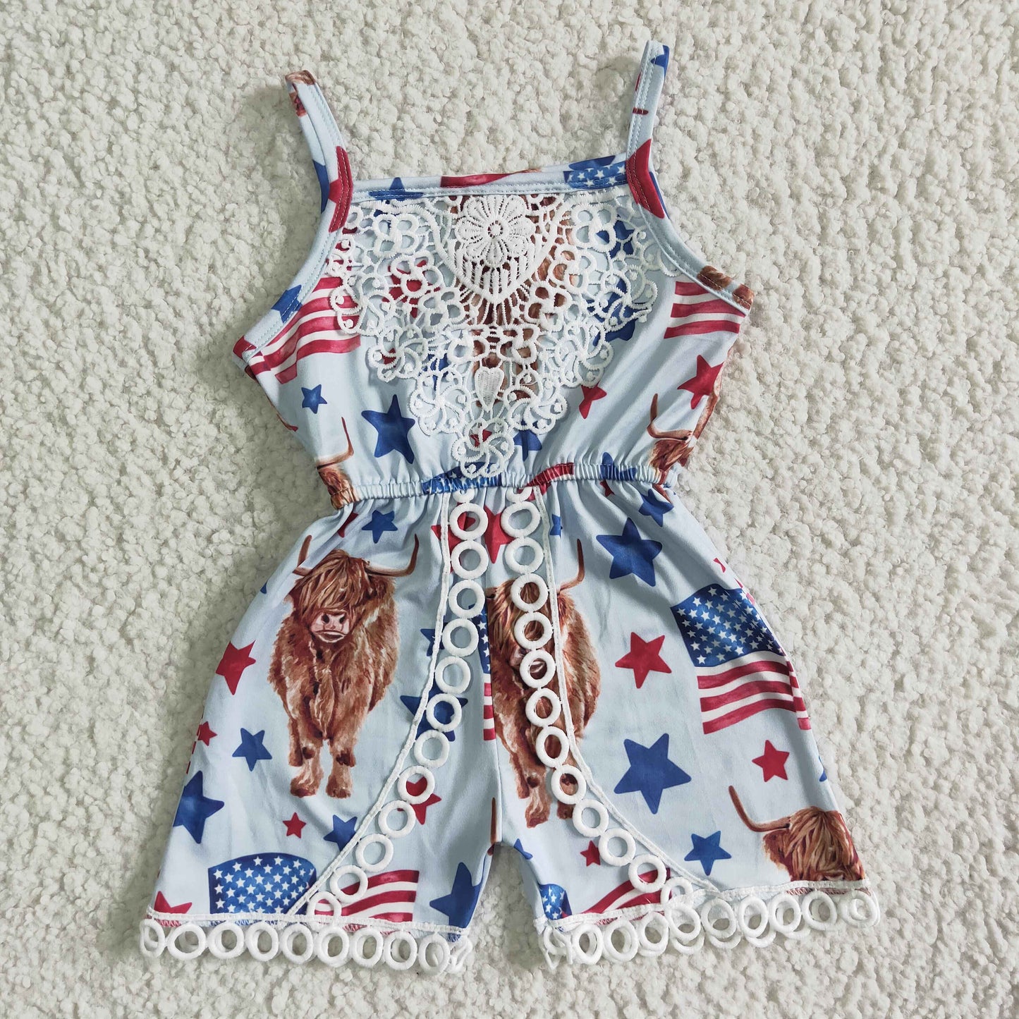 SR0053 BABY GIRLS HIGHLAND COW JULY 4TH JUMPSUIT